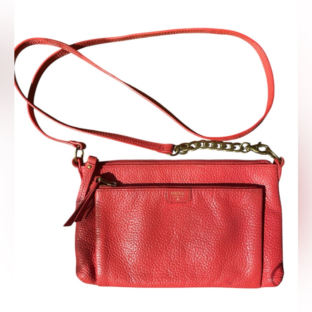 Fossil Pink Leather Crossbody Bag Gold Chain Cow Hide Long Strap Pebbled
